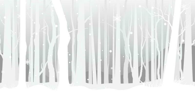 White tree forest background and snowing for winter season concept. Hand drawn isolated illustrations.