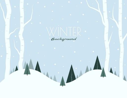 White tree forest background and snowing for winter season concept. Hand drawn isolated illustrations.