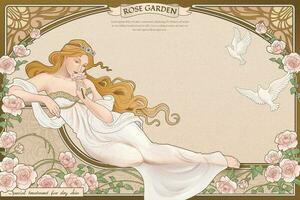 Elegant art nouveau style goddess lying nearby roses garden with elaborated frame vector