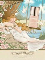 Skincare product ads with art nouveau style goddess lying nearby roses garden and lake, 3d illustration mockup vector