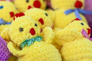 Knitted toys. Crocheted Easter yellow chickens. Handmade Easter Toy, Plush Stuffed Toys, photo