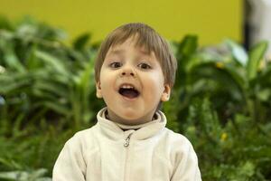 Close-up portrait of a small child smiling outdoors on a green background. photo