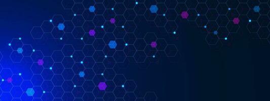 Minimal geometric shape with hexagons pattern and glowing particle on dark blue background. Medical, chemistry, science and technology concept. Vector illustration.