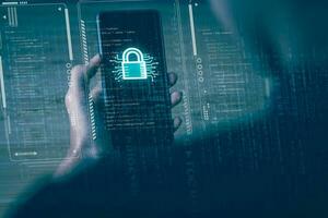 Business man using mobile phone with security icon screen, Data Security system concept, innovation technology, cloud computing, internet network communication photo