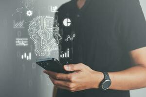 Business man and robot hand touch digital screen of AI icon artificial intelligence concept, big data, science, innovation technology, cloud computing, futuristic, internet network communication photo