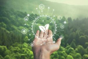 hand holding net zero target and carbon credit.CO2 emission reduction to stop global warming problem and reduce pollution into atmosphere from big industrial. photo