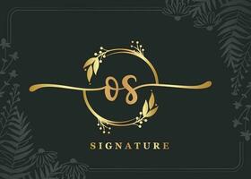 luxury gold signature initial os logo design isolated leaf and flower vector