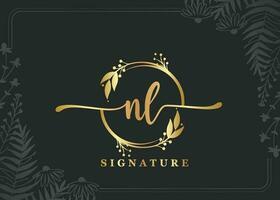 lujo firma inicial nl logo diseño aislado hoja y flor vector