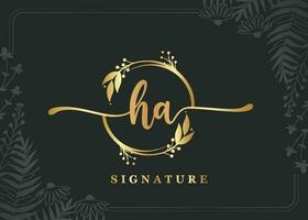 luxury gold signature initial ha logo design isolated leaf and flower vector