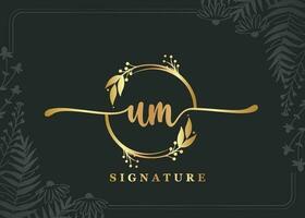 luxury gold signature initial um logo design isolated leaf and flower vector