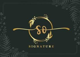 luxury gold signature initial so logo design isolated leaf and flower vector