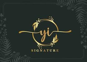 luxury gold signature initial yi logo design isolated leaf and flower vector