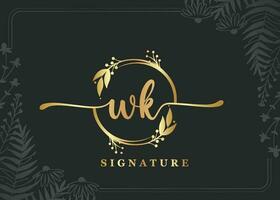 luxury gold signature initial wk logo design isolated leaf and flower vector