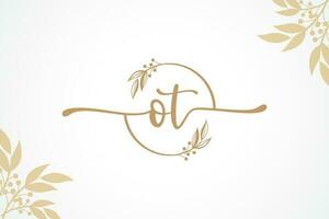 luxury gold signature initial ot logo design isolated leaf and flower vector