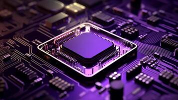 Closed up of CPU on the circuit board with purple lighting. Technology, innovation and future concept., photo