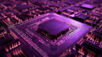 Closed up of CPU on the circuit board with purple lighting. Technology, innovation and future concept., photo