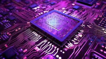 Closed up of CPU on the circuit board with purple lighting. Technology, innovation and future concept., photo