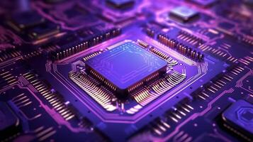 Closed up of CPU on the circuit board with purple lighting. Technology, innovation and future concept., photo