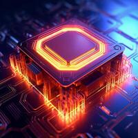 Closed up of CPU on the circuit board with orange and purple lighting. Technology, innovation and future concept., photo