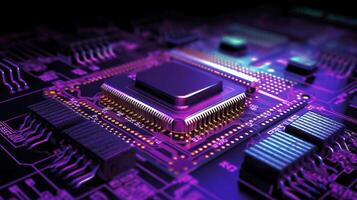 Closed up of CPU on the circuit board with purple lighting. Technology, innovation and future concept., photo