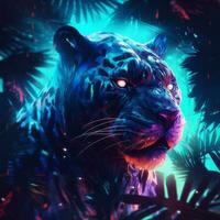 leopardo en el salvaje con neón resplandor luz.futurista y cyberpunk estilo.generativo ai foto