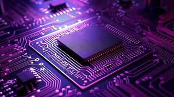 Closed up of CPU on the circuit board with purple lighting. Technology, innovation and future concept., photo