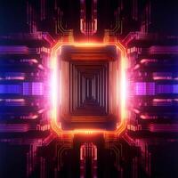 Closed up of CPU on the circuit board with orange and purple lighting. Technology, innovation and future concept., photo