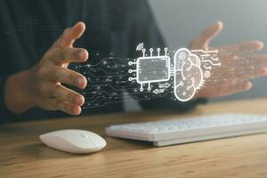 man holding digital screen of AI icon artificial intelligence. big data, science, innovation technology, cloud computing, futuristic, internet network communication concept. photo