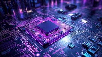 Closed up of CPU on the circuit board with purple lighting. Technology, innovation and future concept., photo