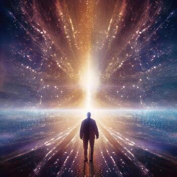 silhouette of man with heaven abstract background and god lighting.Meditation, Spiritual and god concept.Generative AI photo