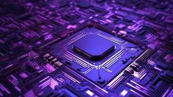 Closed up of CPU on the circuit board with purple lighting. Technology, innovation and future concept., photo