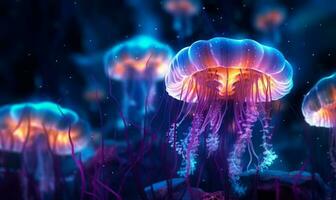 jellyfish in the sea with neon glow light.futuristic and cyberpunk style.Generative ai photo