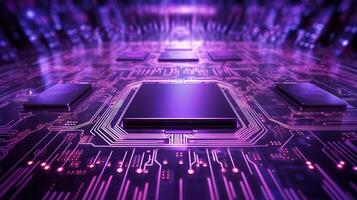 Closed up of CPU on the circuit board with purple lighting. Technology, innovation and future concept., photo