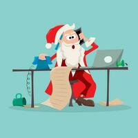 Papa Noel se sienta a su escritorio y toma llamadas y pedidos. Papa Noel de claus escritorio. Navidad ilustración dónde Papa Noel es Procesando letras con deseos. plano vector ilustración.