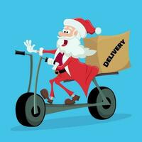 Papa Noel hace entrega de caja de mercancías o regalos. de santa mensajero en negro scooter paseos a el entrega punto. Navidad ilustración con linda Papa Noel. plano vector ilustración.