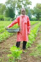 indio contento granja trabajador , trabajando en granja foto