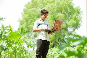 Indian boy studying in farm, holding laptop in hand , poor indian kids photo