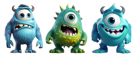 set of scary cute blue monsters, 3d cartoon character, isolated on transparent background, generative ai png