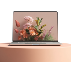 laptop mockup template with nature wallpaper display screen on podium isolated on transparent background, generative ai png