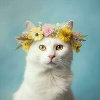 blanco gato con flor guirnalda en cabeza. realista retrato. generativo ai foto
