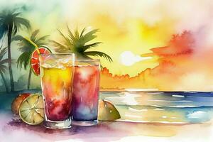 Tropical cocktails on beach with colorful sea sunset background, copy space. Generative AI photo