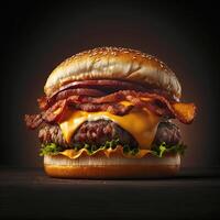 Perfecto tocino queso hamburguesa con carne de res, tomate, cebolla y Fresco lechuga, oscuro antecedentes. ai generado foto