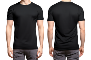 llanura negro camiseta Bosquejo plantilla, con masculino modelo, frente y espalda vista, aislado en transparente antecedentes. generativo ai png