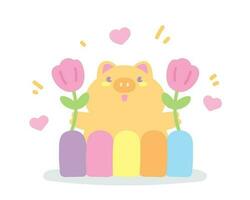 cute kawaii happy pig with flower and fence hand drawn illustration vector