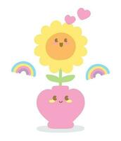 cute kawaii happy flower with heart pot hand drawn illustration vector