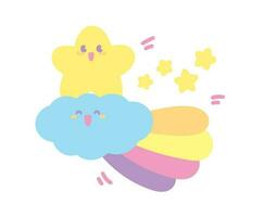 cute kawaii happy star and cloud with rainbow tail hand drawn illustration vector