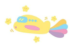 cute kawaii hand drawn airplane with rainbow tail illustration vector