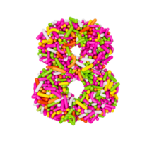 siffra 8 gjord av färgglada strössel numerisk åtta nummer regnbågsströssel 3d-illustration png