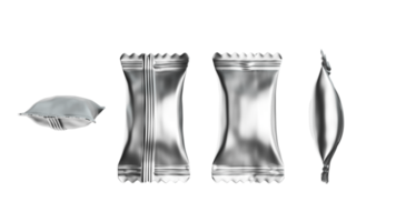 Blank silver metallic candy foil packs for packaging design. 3d illustration png