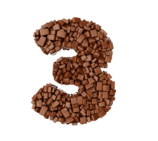 dígito 3 hecho de chocolate trozos chocolate piezas numérico 3, 3d ilustración png